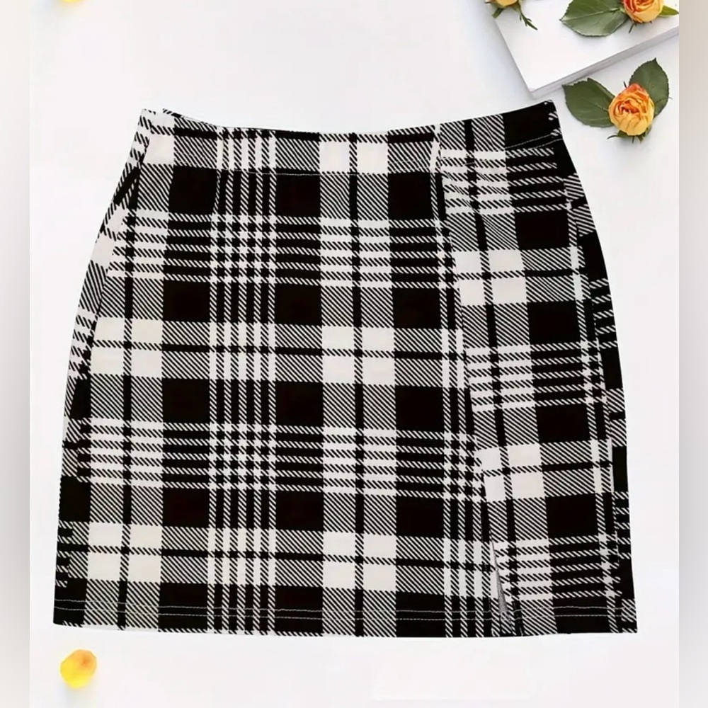 New Plaid Print Split Bodycon Skirt, Casual High Waist Mini Skirt. - Picture 8 of 8